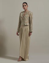 Beige Embellished Short Jacket With Drape Skirt