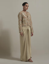 Beige Embellished Short Jacket With Drape Skirt
