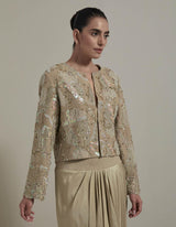 Beige Embellished Short Jacket With Drape Skirt