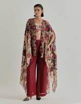 Red With Pink Rosette Nomad Bustier With Cape And Trouser Set