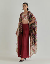 Red With Pink Rosette Nomad Bustier With Cape And Trouser Set