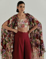 Red With Pink Rosette Nomad Bustier With Cape And Trouser Set