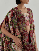 Red With Pink Rosette Nomad Bustier With Cape And Trouser Set