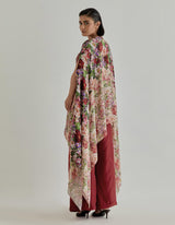 Red With Pink Rosette Nomad Bustier With Cape And Trouser Set