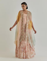 Pink Jarden Flou Hand Embellished Cape Paired With Tiered Skirt