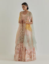Pink Jarden Flou Hand Embellished Cape Paired With Tiered Skirt