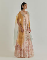 Pink Jarden Flou Hand Embellished Cape Paired With Tiered Skirt