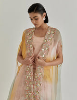 Pink Jarden Flou Hand Embellished Cape Paired With Tiered Skirt