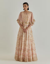Pink Jarden Flou Hand Embellished Circular Cape Paired With Panelled Skirt