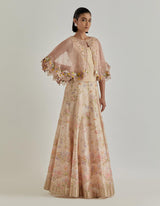 Pink Jarden Flou Hand Embellished Circular Cape Paired With Panelled Skirt