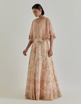 Pink Jarden Flou Hand Embellished Circular Cape Paired With Panelled Skirt