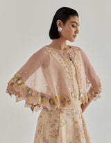 Pink Jarden Flou Hand Embellished Circular Cape Paired With Panelled Skirt