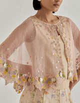 Pink Jarden Flou Hand Embellished Circular Cape Paired With Panelled Skirt