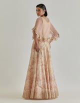 Pink Jarden Flou Hand Embellished Circular Cape Paired With Panelled Skirt