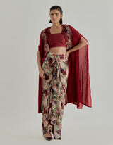 Multicolor Rosette Nomad Drape Skirt Paired With Cape And Inner