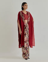 Multicolor Rosette Nomad Drape Skirt Paired With Cape And Inner