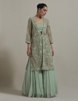 Green Embellsihed Jacket And Bustier Paired With Sharara