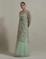 Green Embellsihed Jacket And Bustier Paired With Sharara