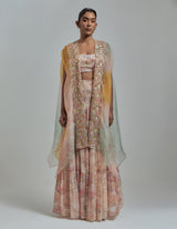 Multicolor Printed Skirt paired With Embroidered Ombre Cape
