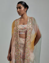 Multicolor Printed Skirt paired With Embroidered Ombre Cape