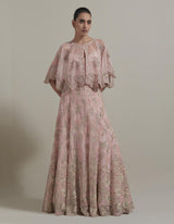 Pink Embellished Cape Top With Skirt