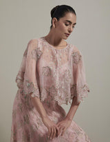 Pink Embellished Cape Top With Skirt
