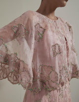 Pink Embellished Cape Top With Skirt