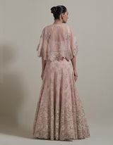 Pink Embellished Cape Top With Skirt