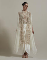 Ivory Embellished Cape With Crop Top And Drape Skirt