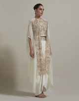 Ivory Embellished Cape With Crop Top And Drape Skirt