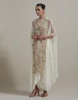 Ivory Embellished Cape With Crop Top And Drape Skirt