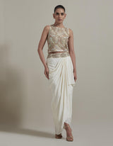 Ivory Embellished Cape With Crop Top And Drape Skirt
