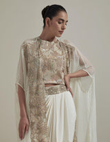 Ivory Embellished Cape With Crop Top And Drape Skirt