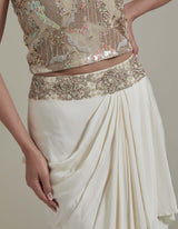 Ivory Embellished Cape With Crop Top And Drape Skirt