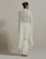 Ivory Embellished Cape With Crop Top And Drape Skirt