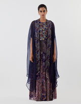 Blue Embroidered Tiered Skirt with Cape Set