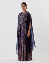 Blue Embroidered Tiered Skirt with Cape Set