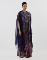 Blue Embroidered Tiered Skirt with Cape Set