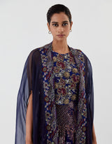 Blue Embroidered Tiered Skirt with Cape Set