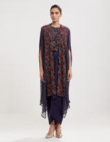 Blue Embroidered Blouse with Cape and Drape Skirt