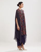 Blue Embroidered Blouse with Cape and Drape Skirt