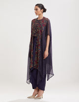 Blue Embroidered Blouse with Cape and Drape Skirt