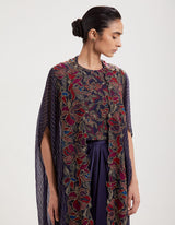 Blue Embroidered Blouse with Cape and Drape Skirt