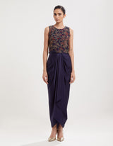 Blue Embroidered Blouse with Cape and Drape Skirt