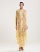 Yellow Embroidered Top with Cape and Skirt