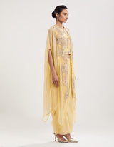 Yellow Embroidered Top with Cape and Skirt