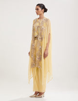 Yellow Embroidered Top with Cape and Skirt
