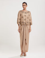Beige Hand Embroidered Cape with Draped Skirt and Inner