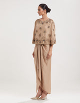 Beige Hand Embroidered Cape with Draped Skirt and Inner
