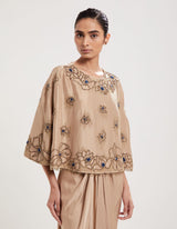 Beige Hand Embroidered Cape with Draped Skirt and Inner